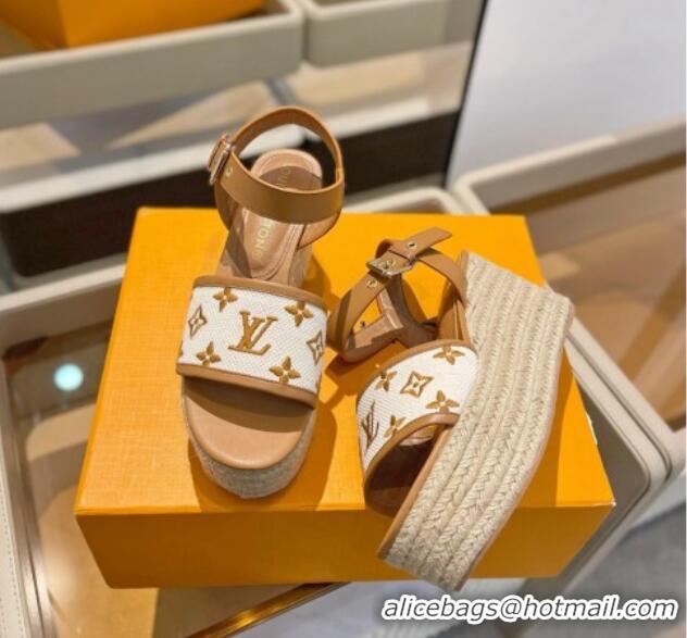 Top Grade Louis Vuitton Starboard Wedge Sandals 10cm in Monogram-embroidered Cotton Brown 0320099