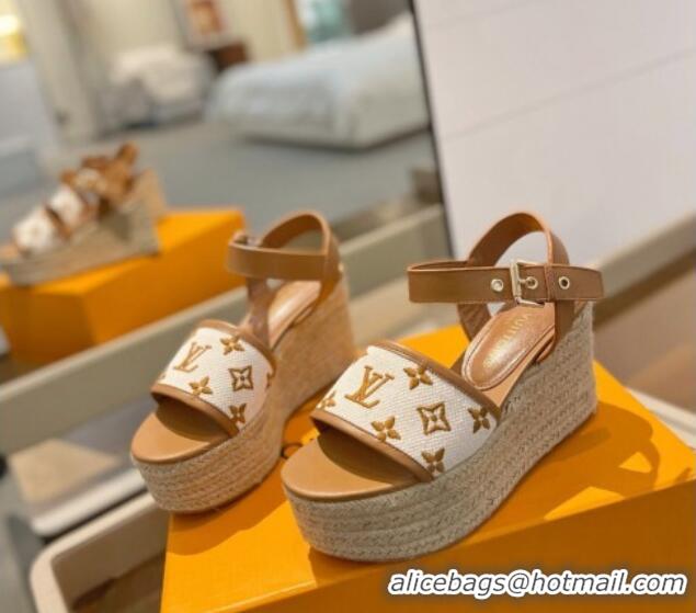 Top Grade Louis Vuitton Starboard Wedge Sandals 10cm in Monogram-embroidered Cotton Brown 0320099