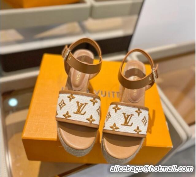 Top Grade Louis Vuitton Starboard Wedge Sandals 10cm in Monogram-embroidered Cotton Brown 0320099