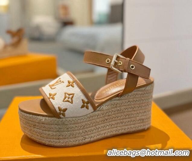 Top Grade Louis Vuitton Starboard Wedge Sandals 10cm in Monogram-embroidered Cotton Brown 0320099