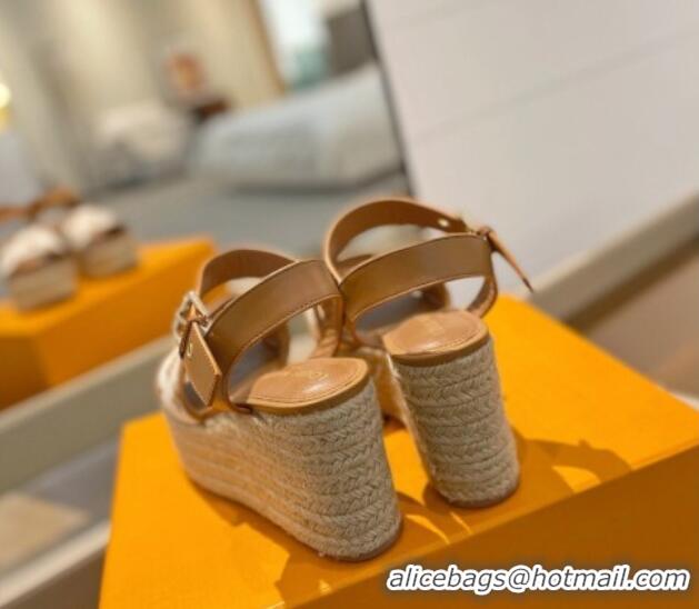 Top Grade Louis Vuitton Starboard Wedge Sandals 10cm in Monogram-embroidered Cotton Brown 0320099