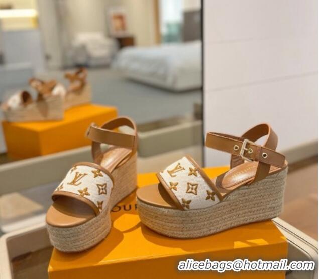 Top Grade Louis Vuitton Starboard Wedge Sandals 10cm in Monogram-embroidered Cotton Brown 0320099