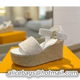 Good Looking Louis Vuitton Starboard Wedge Sandals 10cm in Monogram-embroidered Cotton White 0320100