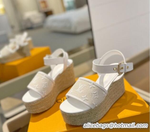 Good Looking Louis Vuitton Starboard Wedge Sandals 10cm in Monogram-embroidered Cotton White 0320100