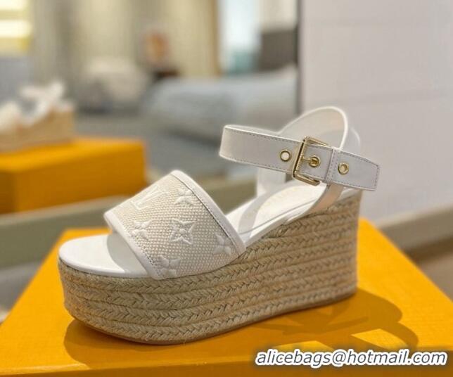 Good Looking Louis Vuitton Starboard Wedge Sandals 10cm in Monogram-embroidered Cotton White 0320100