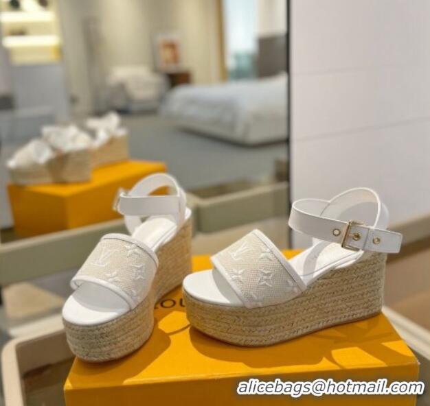 Good Looking Louis Vuitton Starboard Wedge Sandals 10cm in Monogram-embroidered Cotton White 0320100