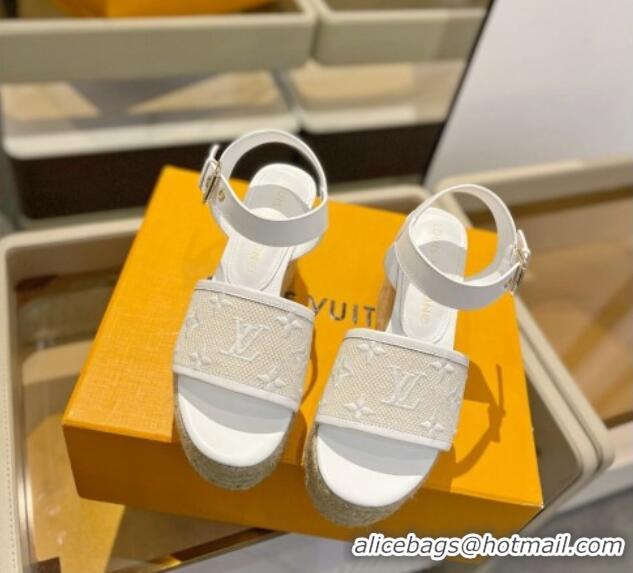 Good Looking Louis Vuitton Starboard Wedge Sandals 10cm in Monogram-embroidered Cotton White 0320100