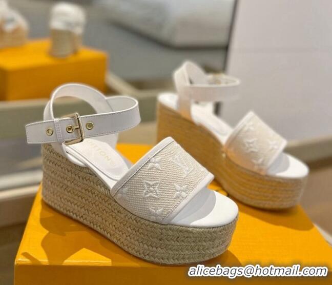 Good Looking Louis Vuitton Starboard Wedge Sandals 10cm in Monogram-embroidered Cotton White 0320100