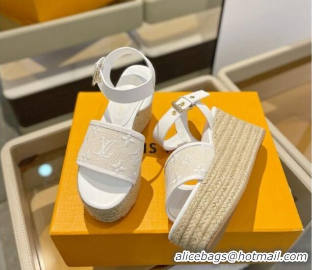 Good Looking Louis Vuitton Starboard Wedge Sandals 10cm in Monogram-embroidered Cotton White 0320100