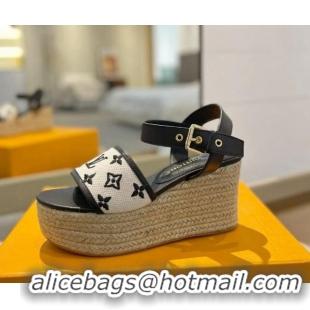 Popular Style Louis Vuitton Starboard Wedge Sandals 10cm in Monogram-embroidered Cotton Black 0320101