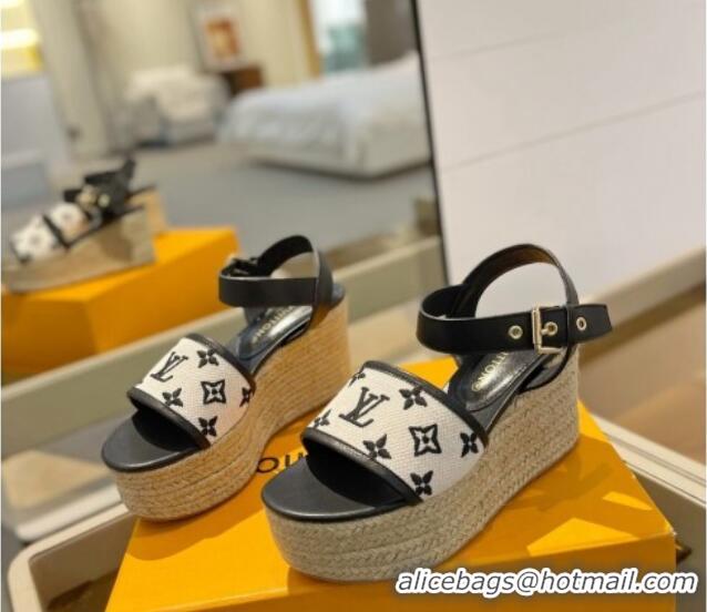 Popular Style Louis Vuitton Starboard Wedge Sandals 10cm in Monogram-embroidered Cotton Black 0320101