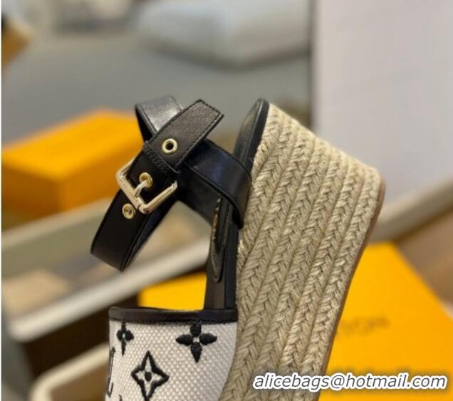 Popular Style Louis Vuitton Starboard Wedge Sandals 10cm in Monogram-embroidered Cotton Black 0320101