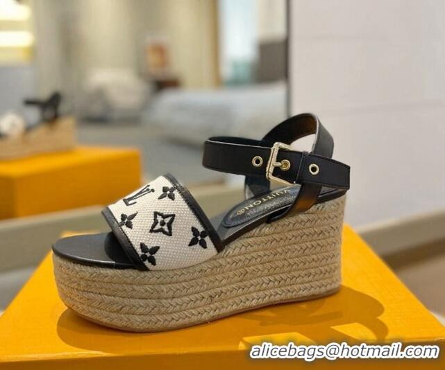 Popular Style Louis Vuitton Starboard Wedge Sandals 10cm in Monogram-embroidered Cotton Black 0320101