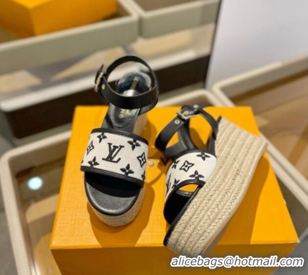 Popular Style Louis Vuitton Starboard Wedge Sandals 10cm in Monogram-embroidered Cotton Black 0320101