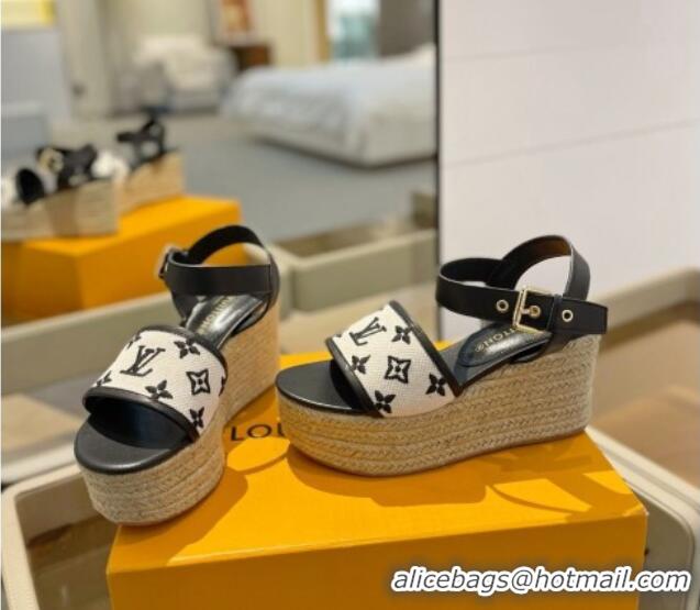 Popular Style Louis Vuitton Starboard Wedge Sandals 10cm in Monogram-embroidered Cotton Black 0320101