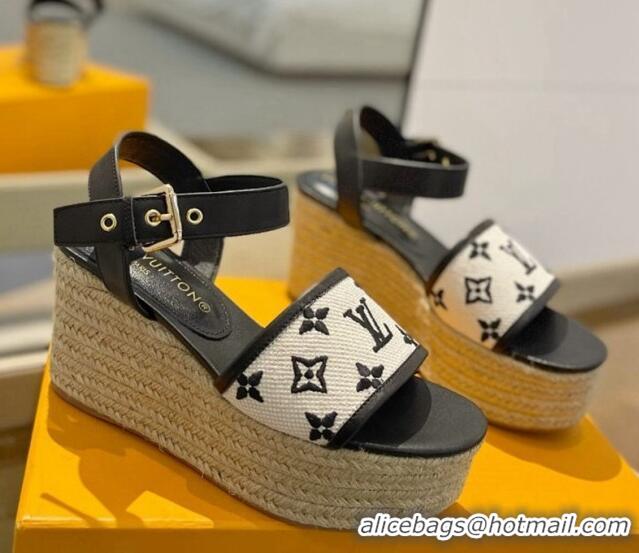 Popular Style Louis Vuitton Starboard Wedge Sandals 10cm in Monogram-embroidered Cotton Black 0320101