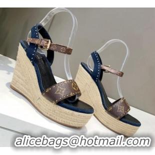 Top Design Louis Vuitton Starboard Wedge Sandals 12cm in Canvas and Leather with Studs Blue 320102