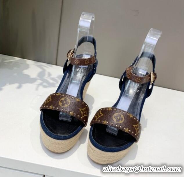 Top Design Louis Vuitton Starboard Wedge Sandals 12cm in Canvas and Leather with Studs Blue 320102