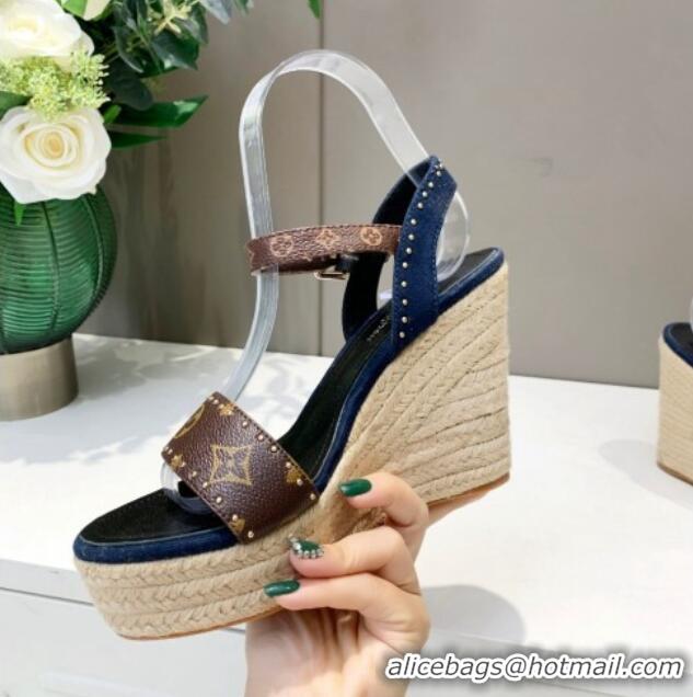 Top Design Louis Vuitton Starboard Wedge Sandals 12cm in Canvas and Leather with Studs Blue 320102