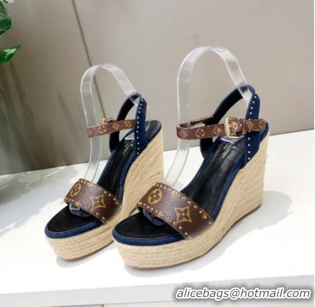 Top Design Louis Vuitton Starboard Wedge Sandals 12cm in Canvas and Leather with Studs Blue 320102