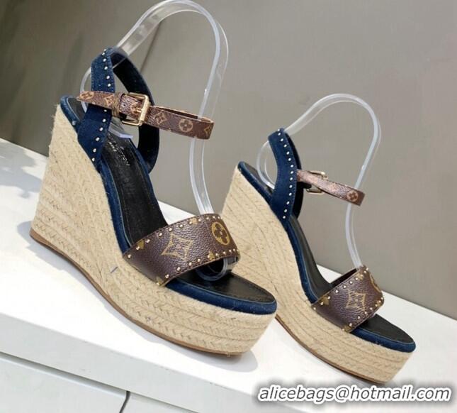 Top Design Louis Vuitton Starboard Wedge Sandals 12cm in Canvas and Leather with Studs Blue 320102