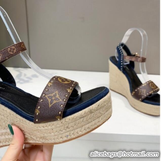 Top Design Louis Vuitton Starboard Wedge Sandals 12cm in Canvas and Leather with Studs Blue 320102