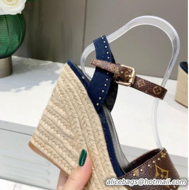 Top Design Louis Vuitton Starboard Wedge Sandals 12cm in Canvas and Leather with Studs Blue 320102