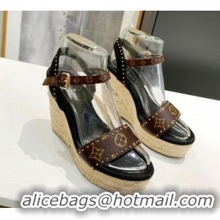 Most Popular Louis Vuitton Starboard Wedge Sandals 12cm in Canvas and Leather with Studs Black 0320103