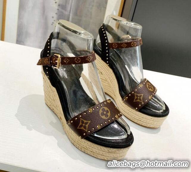 Most Popular Louis Vuitton Starboard Wedge Sandals 12cm in Canvas and Leather with Studs Black 0320103