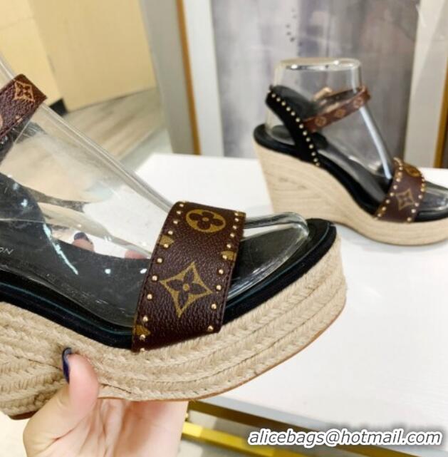 Most Popular Louis Vuitton Starboard Wedge Sandals 12cm in Canvas and Leather with Studs Black 0320103