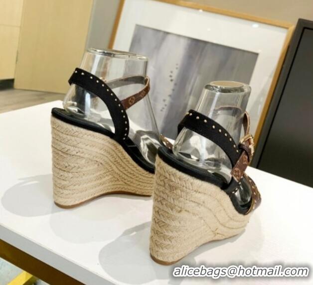 Most Popular Louis Vuitton Starboard Wedge Sandals 12cm in Canvas and Leather with Studs Black 0320103