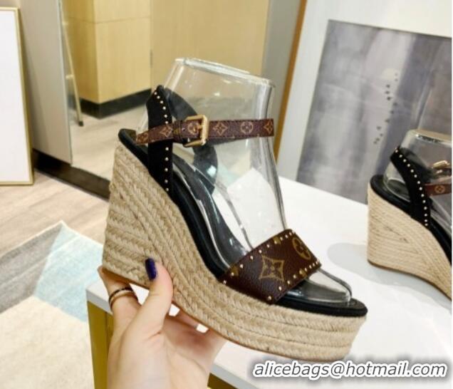 Most Popular Louis Vuitton Starboard Wedge Sandals 12cm in Canvas and Leather with Studs Black 0320103