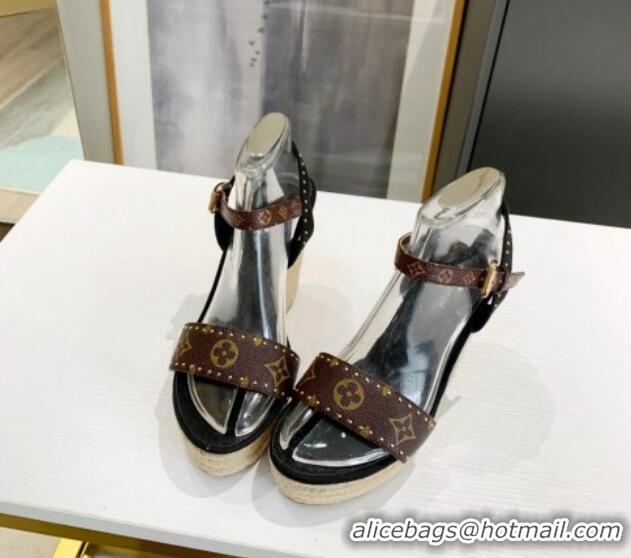 Most Popular Louis Vuitton Starboard Wedge Sandals 12cm in Canvas and Leather with Studs Black 0320103