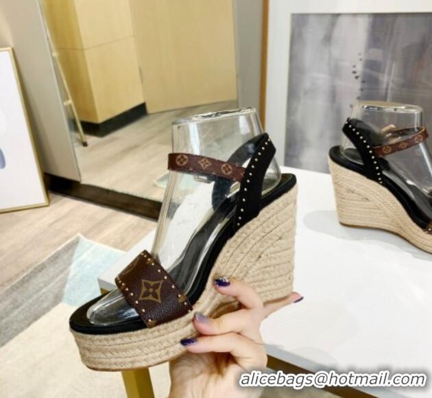 Most Popular Louis Vuitton Starboard Wedge Sandals 12cm in Canvas and Leather with Studs Black 0320103