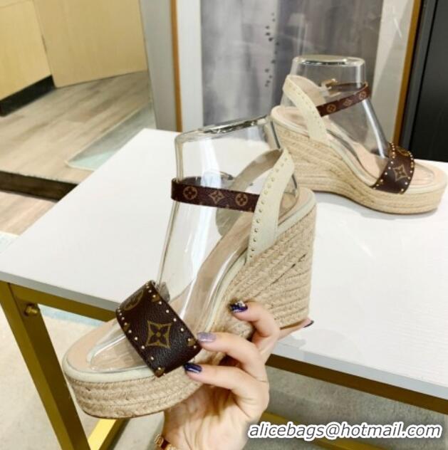 Low Price Louis Vuitton Starboard Wedge Sandals 12cm in Canvas and Leather with Studs White 320104