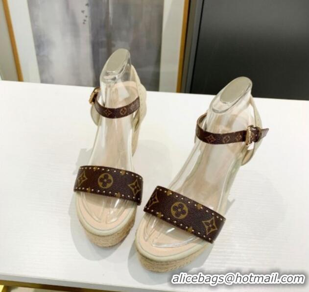 Low Price Louis Vuitton Starboard Wedge Sandals 12cm in Canvas and Leather with Studs White 320104