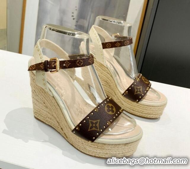 Low Price Louis Vuitton Starboard Wedge Sandals 12cm in Canvas and Leather with Studs White 320104