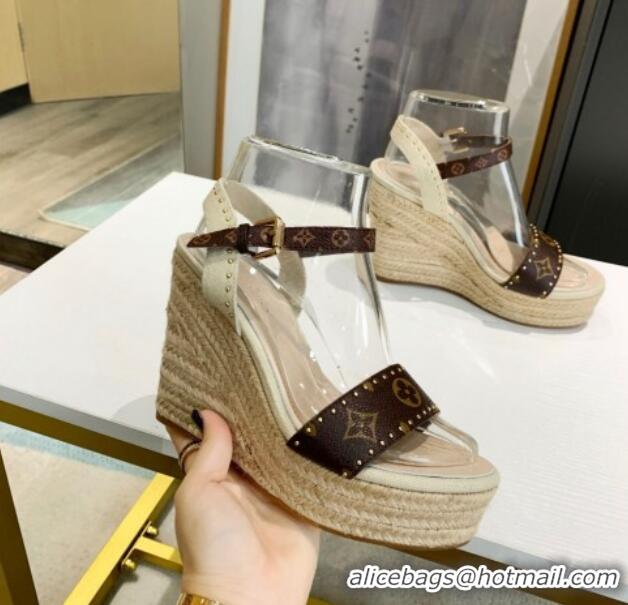 Low Price Louis Vuitton Starboard Wedge Sandals 12cm in Canvas and Leather with Studs White 320104