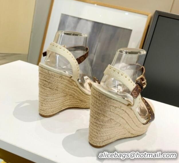 Low Price Louis Vuitton Starboard Wedge Sandals 12cm in Canvas and Leather with Studs White 320104