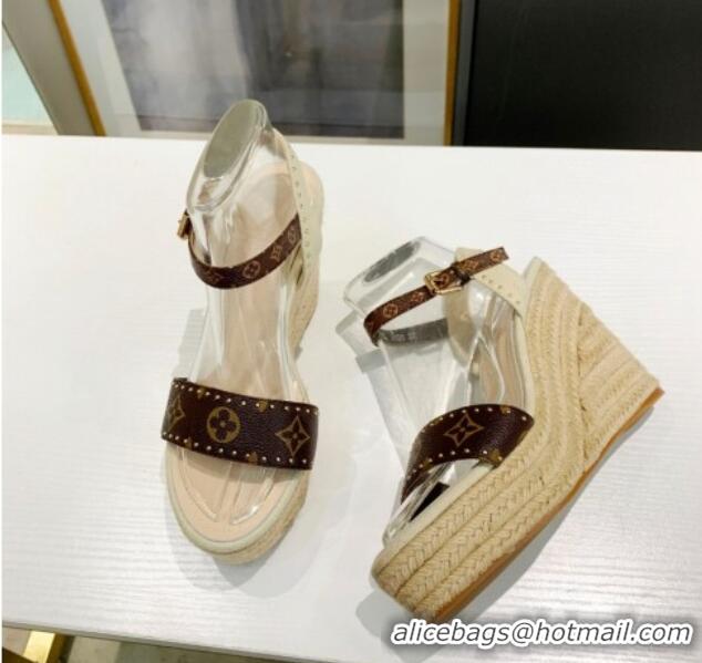 Low Price Louis Vuitton Starboard Wedge Sandals 12cm in Canvas and Leather with Studs White 320104