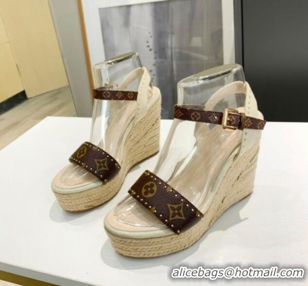 Low Price Louis Vuitton Starboard Wedge Sandals 12cm in Canvas and Leather with Studs White 320104