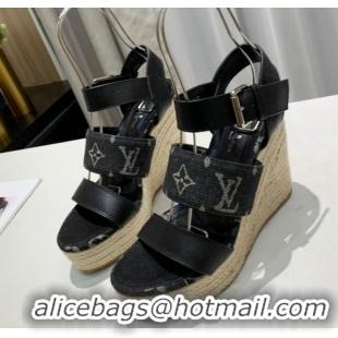 Cheap Price Louis Vuitton Starboard Wedge Sandals 10cm in Denim and Leather Black 0320105