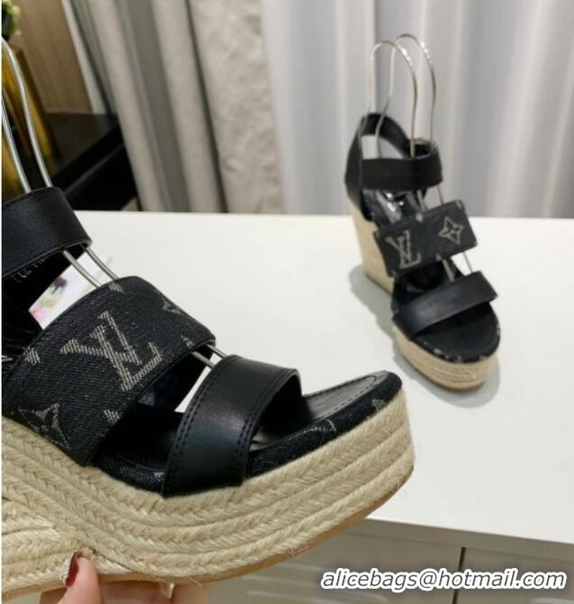 Cheap Price Louis Vuitton Starboard Wedge Sandals 10cm in Denim and Leather Black 0320105