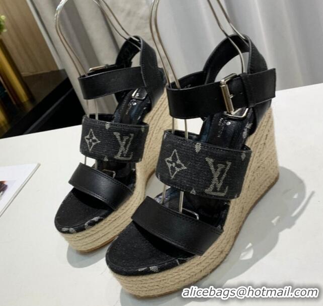 Cheap Price Louis Vuitton Starboard Wedge Sandals 10cm in Denim and Leather Black 0320105