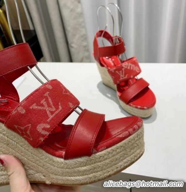 Best Product Louis Vuitton Starboard Wedge Sandals 10cm in Denim and Leather Red 0320106