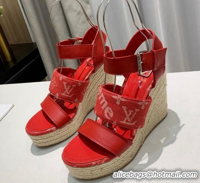 Best Product Louis Vuitton Starboard Wedge Sandals 10cm in Denim and Leather Red 0320106