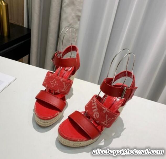 Best Product Louis Vuitton Starboard Wedge Sandals 10cm in Denim and Leather Red 0320106