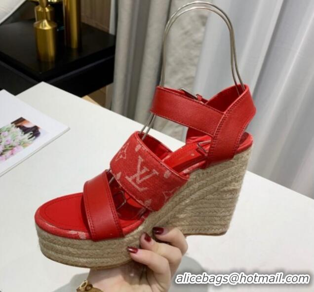 Best Product Louis Vuitton Starboard Wedge Sandals 10cm in Denim and Leather Red 0320106