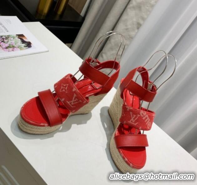 Best Product Louis Vuitton Starboard Wedge Sandals 10cm in Denim and Leather Red 0320106