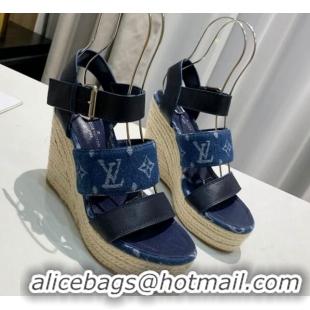 Purchase Louis Vuitton Starboard Wedge Sandals 10cm in Denim and Leather Blue 0320107